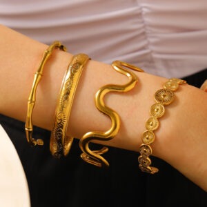 🔥 Sculpted Bamboo Steel Bangle Set – 4-Piece Statement Bracelet Stack | Bold Minimalist Jewelry for Women