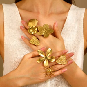 「18K Gold Stackable Ring Set | Ocean Sun & Floral Motif Jewelry [TikTok Viral] Hypoallergenic Boho Bridal Gift✨」