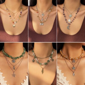 🌙 Vintage Crescent Moon Zircon Necklace – Mint Green Leaf Pendant | Sweet & Cool Layered Jewelry for Chic Styling