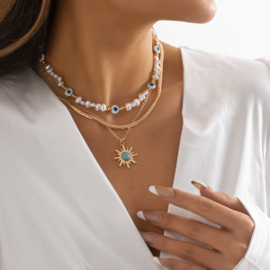 Mystic Eye & Sun Pendant Pearl Necklace – Tribal-Inspired Chunky Beaded Choker | Vintage Color-Block Statement Jewelry [Festival Boho Vibe]