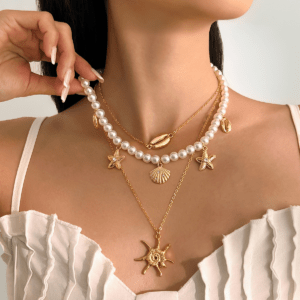 「Bohemian Beach Pearl Necklace｜Starfish & Shell Pendant Layering Jewelry [TikTok Viral] Adjustable Vacation Core✨Hypoallergenic Coastal Gift」