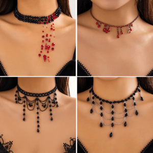 Gothic Blood Drop Beaded Choker – Halloween Fake Crystal Drip Necklace