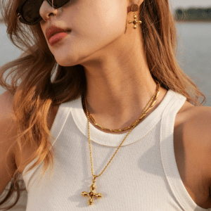 18K Gold Cross Necklace with Tiger Eye Pendant | Fade-Resistant Stainless Steel Chain for Women
