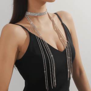 Statement Layered Rhinestone Fringe Choker | Sparkly Multi-Strand Long Necklace for Women