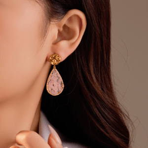 18K Gold Minimalist Teardrop Earrings for Women | Stainless Steel Wrinkled Disc with Natural Stone