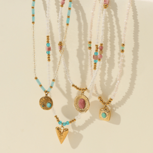 18K Gold Sunflower Rhodochrosite Pendant Necklace | Colorful Crystal Beaded Dopamine-Inspired Jewelry for Women