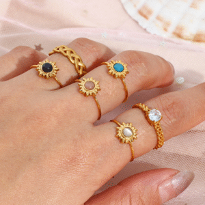 4PCS Fashion Vintage Black Agate Adjustable Natural Cat Eye Small Sun Ring | Women’s Jewelry